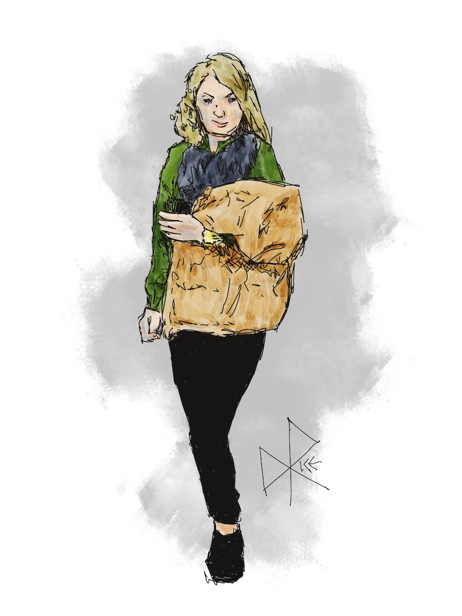 A woman walking in the mall with her parka folded over her arm and her phone in her hand. Sketch art by Don Rice.