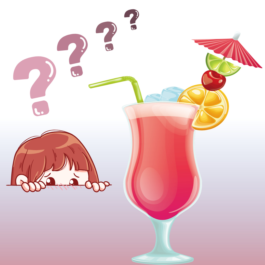 Little girl peeking at a fancy cocktail drink with an umbrella with question marks over her head.