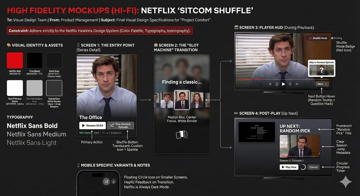 Polished, realistic UI designs showing "The Office" on Netflix with the new Shuffle button in the actual dark mode interface.