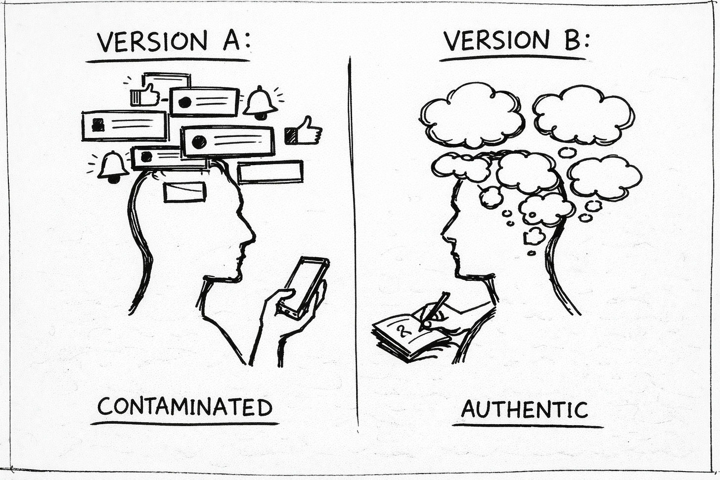 Hand-drawn sketch showing two versions of the same person’s head. One labeled “CONTAMINATED” holds a phone and contains rigid template-shaped thoughts. The other labeled “AUTHENTIC” holds a notebook and contains loose, organic thought shapes, illustrating how tools influence thinking. Hand-drawn sketch showing two versions of the same person’s head. One labeled “CONTAMINATED” holds a phone and contains rigid template-shaped thoughts. The other labeled “AUTHENTIC” holds a notebook and contains loose, organic thought shapes, illustrating how tools influence thinking.