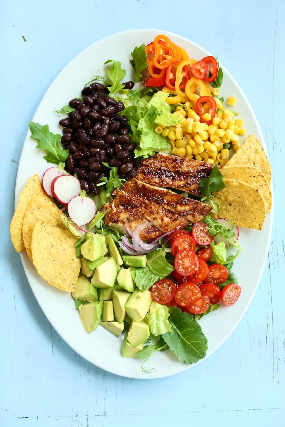 an overhead photo of a chicken salad.