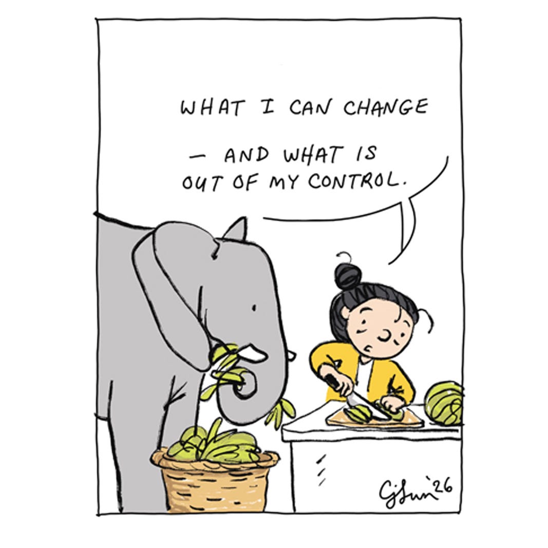 Panel 1 of 7 of a 2-page comic strip about managing worries, illustrating a cartoon girl with a bun talking to an elephant and preparing food. To get through the day, she has to separate her stresses and worries into different buckets. Titled "Different Buckets," original artwork by Connie Sun, cartoonconnie, 2026.