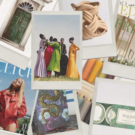 A collage of Paris photo, Japanese rice candles, intaglio soaps, art books and more