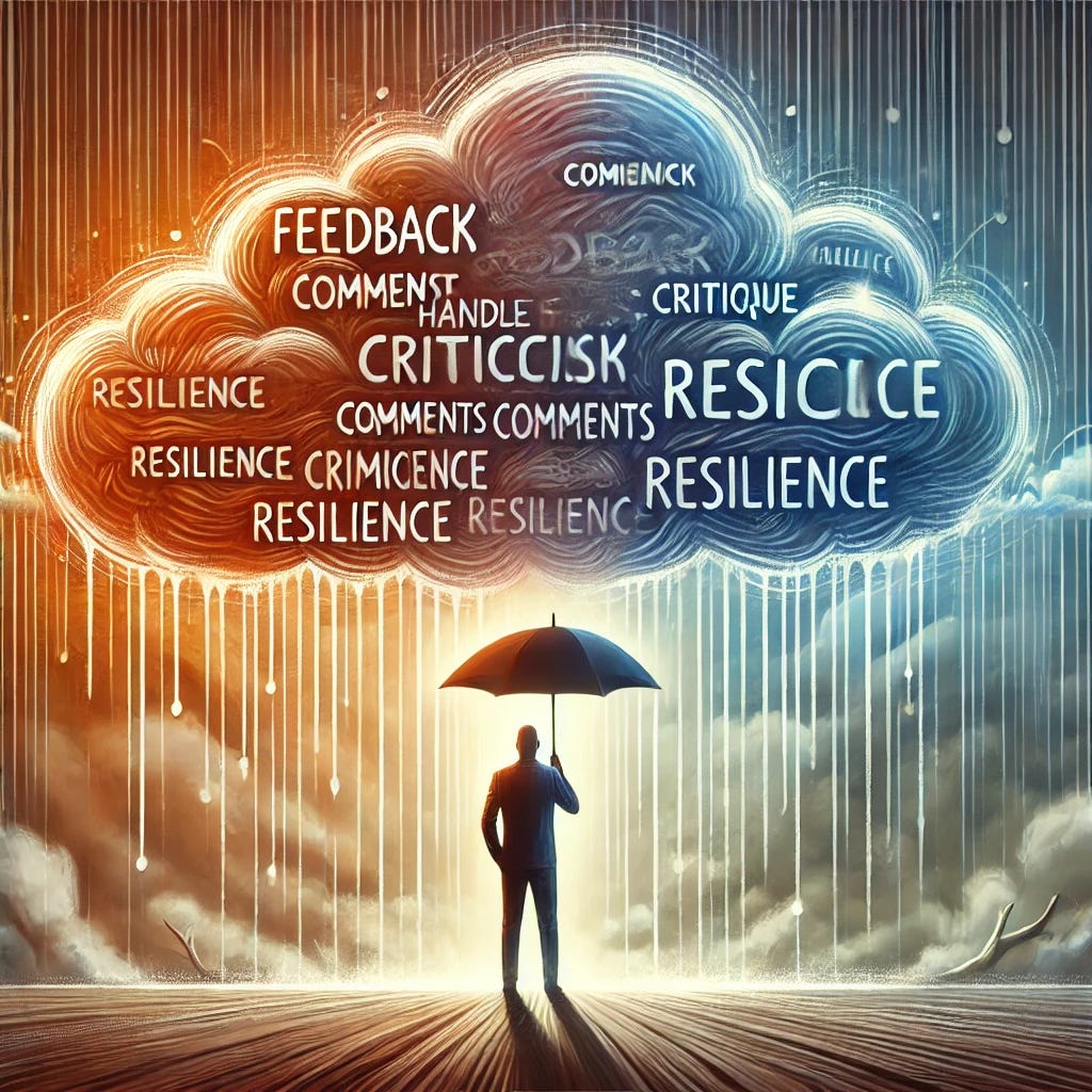 A symbolic illustration of handling criticism gracefully, showing a person standing calmly under a storm cloud raining down words like 'feedback,' 'comments,' and 'critique,' while holding an umbrella labeled 'Resilience.' The background is a blend of warm and cool tones, symbolizing balance and emotional strength. The overall style is modern and motivational, suitable for educational or self-improvement content.
