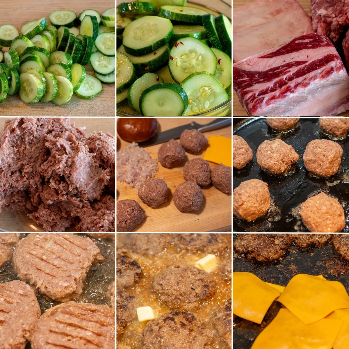 Nine-step process of making short rib smash burgers from slicing cucumbers for pickles and grinding raw beef short ribs to forming patties, cooking in cast iron skillet, and adding melted American cheese