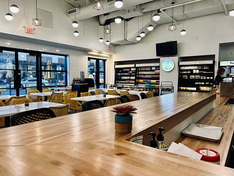 food, fruit, tray, coffee, cup, sign, restaurant