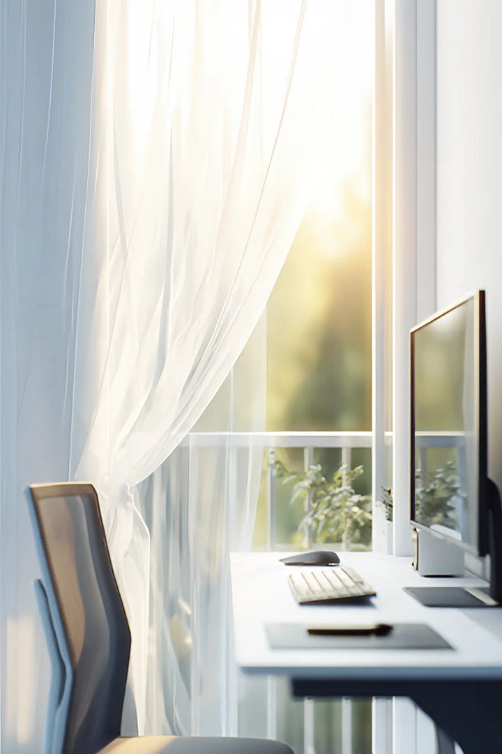 szabadságot sugárzó képgaléria az atipikus karrierhez: beszűrődő napfény, home office, asztal laptoppal, távlatot mutató út a szabadban, lebbenő függöny.