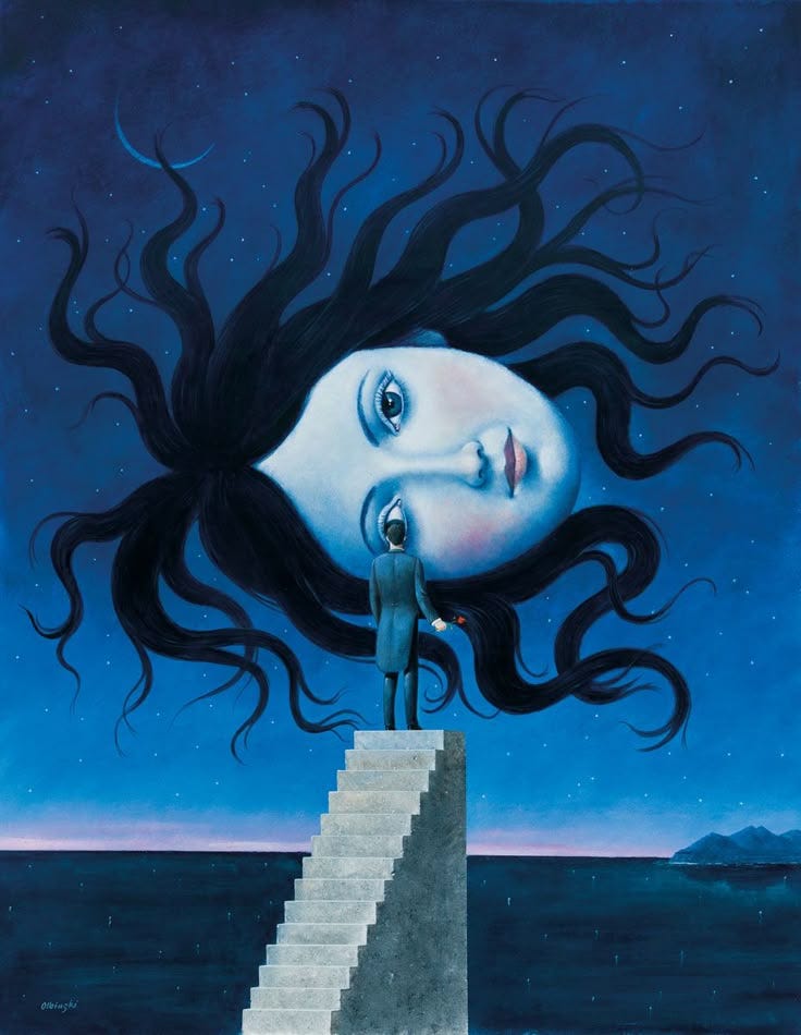 This may contain: a painting of a woman standing on top of a stair case next to a man