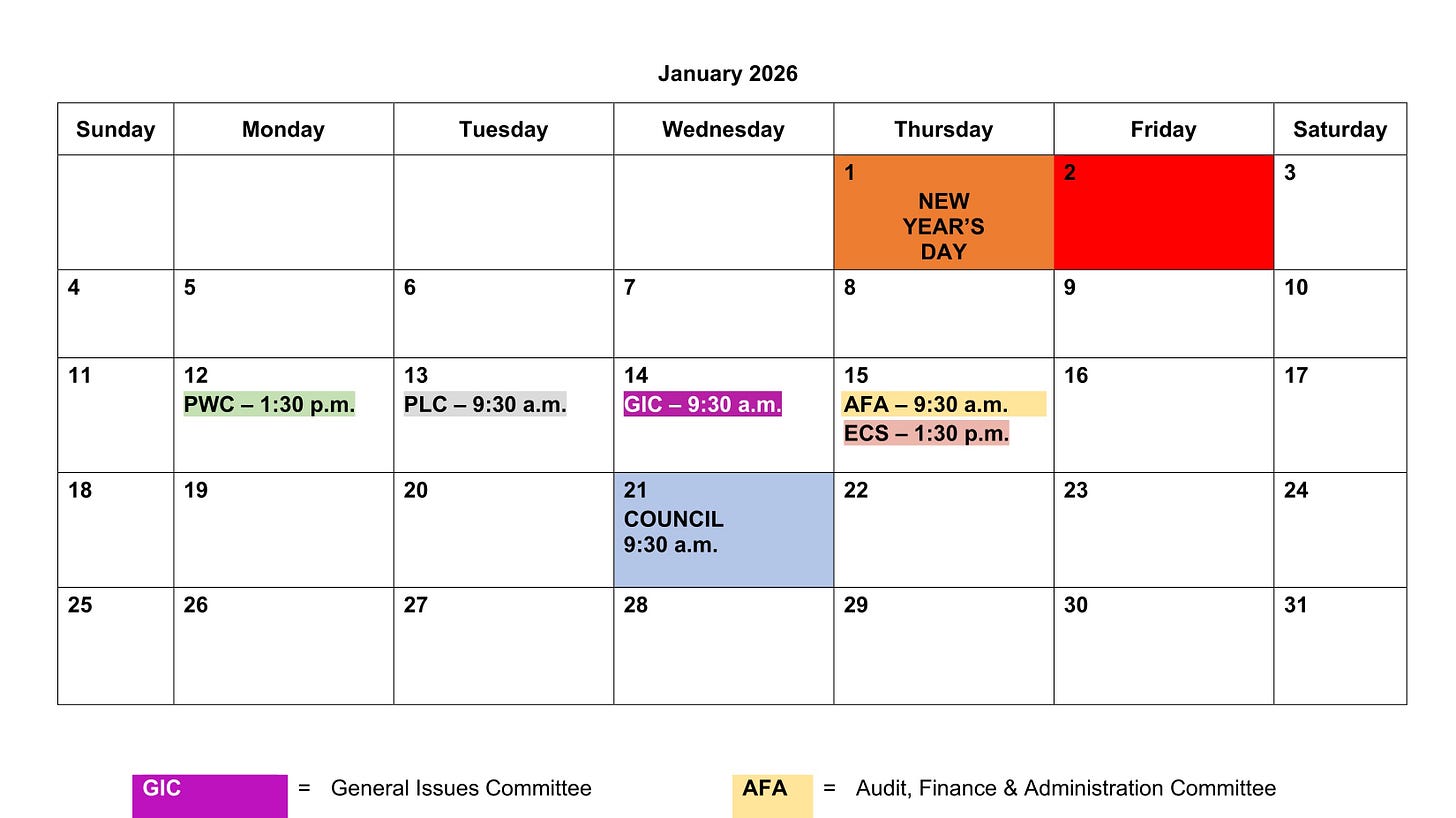 Screenshot of the 2026 Council and Committee calendar