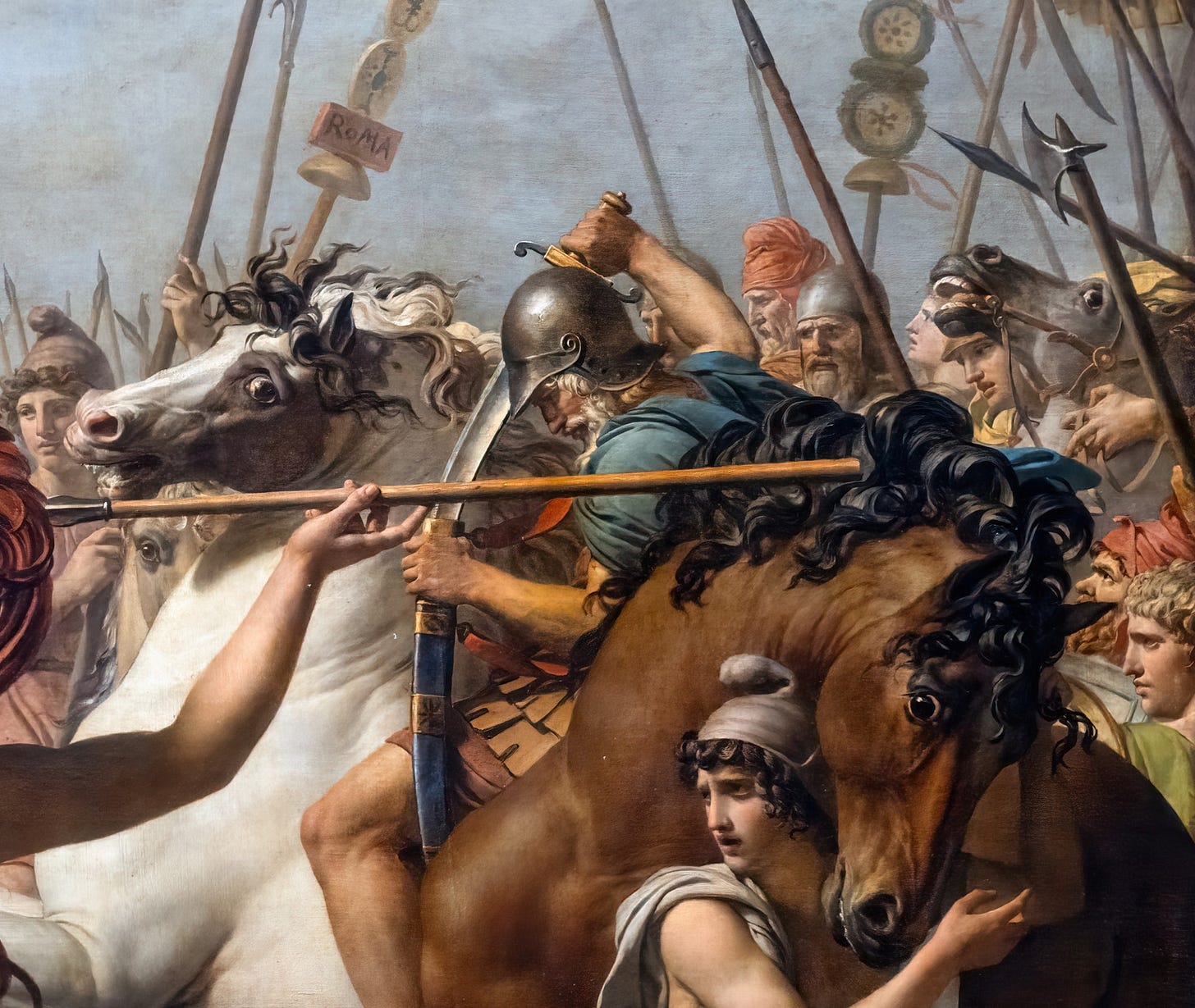 Jacques Louis David, The Intervention of the Sabine Women, 1799, Louvre, Paris. Detail: the background on the right, behind Romulus. Jacques Louis David, The Intervention of the Sabine Women, 1799, Louvre, Paris. Detail: the background on the right, behind Romulus.