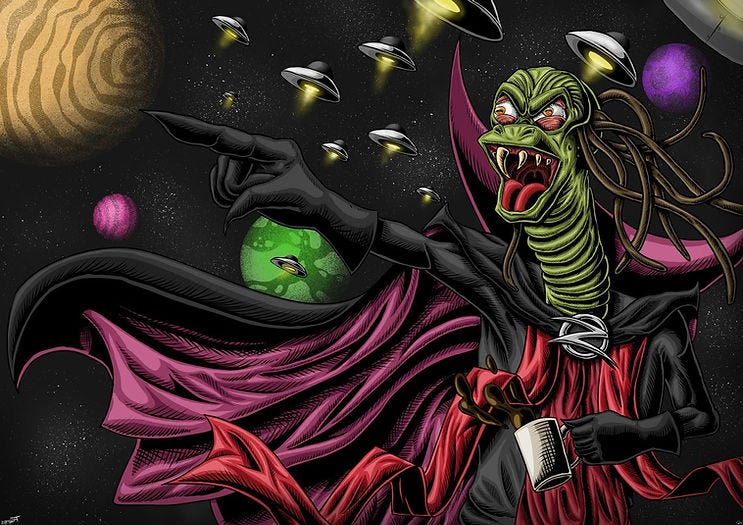 Alien in black and magenta robes points in space, holding a coffee mug. UFOs float nearby, with colorful planets and stars in the background.