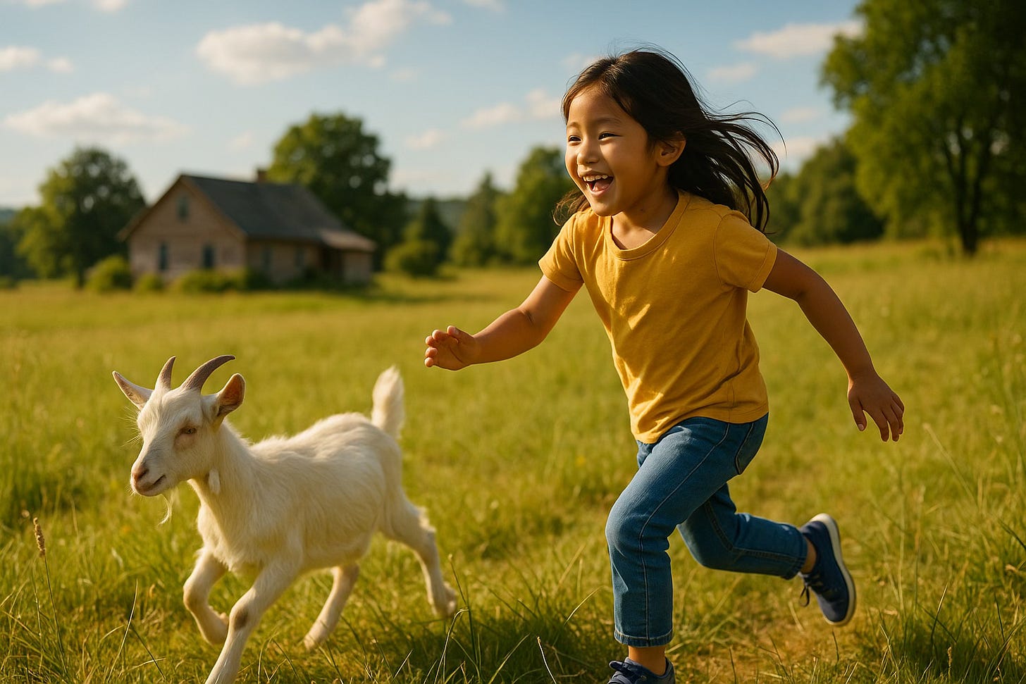 A young Korean girl, around eight years old, runs joyfully through a sunlit field in rural Idaho, chasing a playful white goat. The tall grass sways around her, and a second goat grazes in the background. Her black hair flies behind her as she laughs, wearing a light summer dress and sneakers. The scene is warm and golden, evoking a carefree childhood moment surrounded by nature.