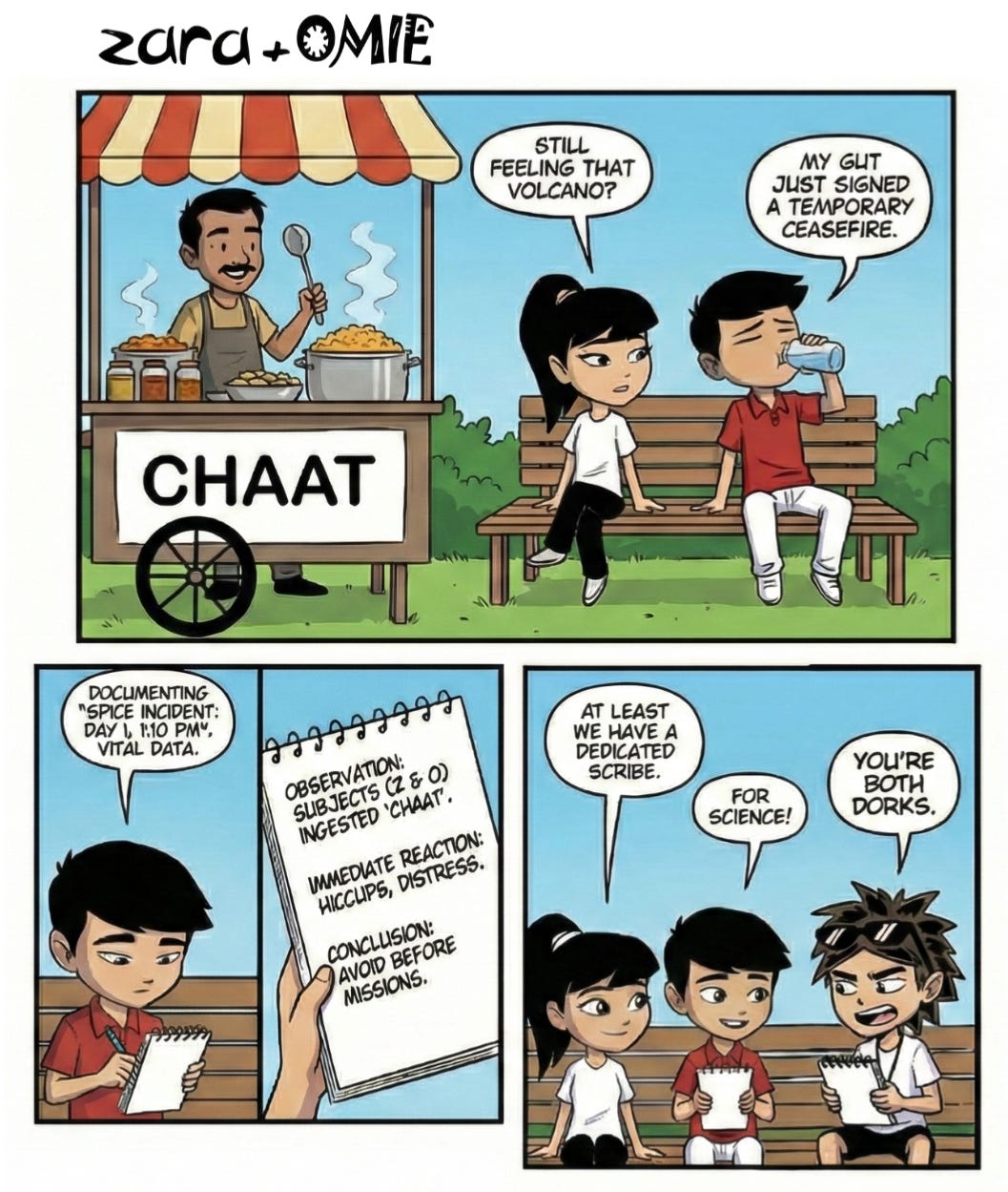 Comic of kids eating spicy chaat. Jay writes “scientific” notes about the experience while Zara laughs and Veer teases them.