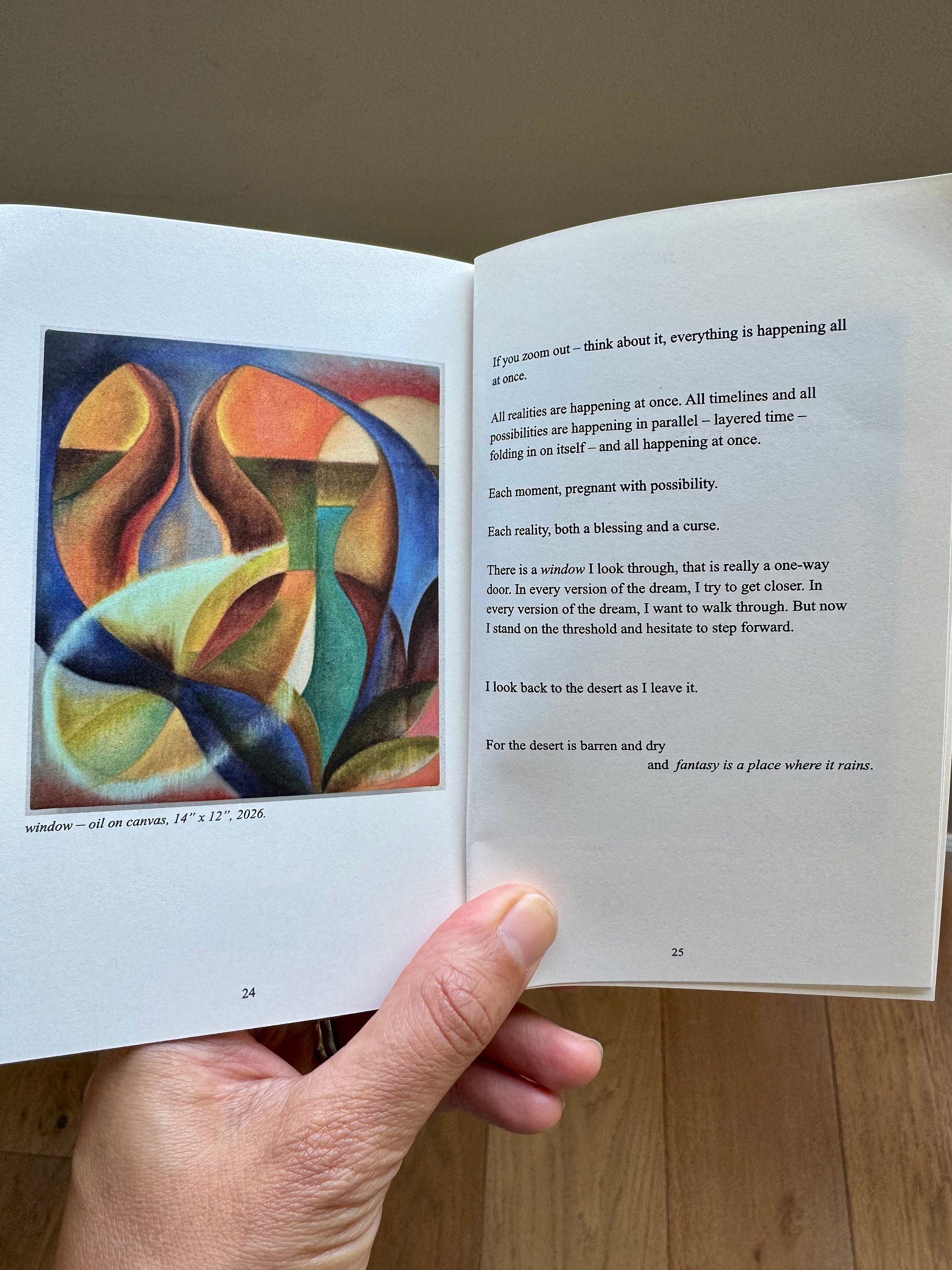 Open copy of Alex Maceda’s self-published book fantasy is a place where it rains, showing a small image of a painting on one page and text on the opposite page. Open copy of Alex Maceda’s self-published book fantasy is a place where it rains, showing a small image of a painting on one page and text on the opposite page.