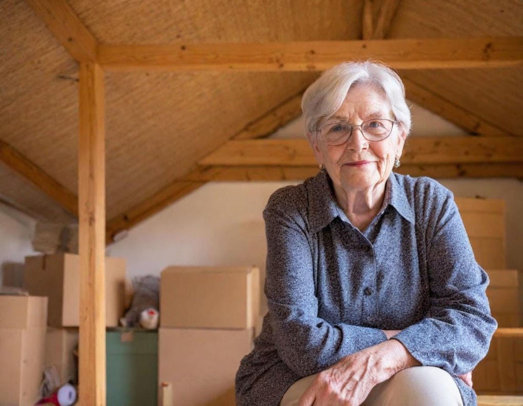 Relaxed white 83-year-old white woman with glasses and gray hair sits comfortably inh er attic with storage boxes in the background. Relaxed white 83-year-old white woman with glasses and gray hair sits comfortably inh er attic with storage boxes in the background.