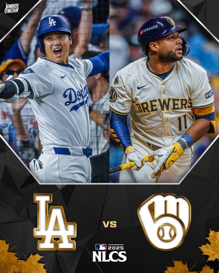 Side-by-side images of two baseball players in action poses. Left side shows a player in white Dodgers jersey with blue accents, blue helmet, and blue arm sleeve, gesturing with right arm extended and mouth open in excitement, stadium crowd in background. Right side shows a player in white Brewers jersey with yellow accents, yellow helmet, and yellow gloves, holding a bat with both hands near shoulder, stadium crowd in background. Bottom section displays gold LA Dodgers logo versus gold Milwaukee Brewers glove logo, with MLB 2025 text and NLCSC text, surrounded by geometric black frame and Jomboy Media watermark in top left.