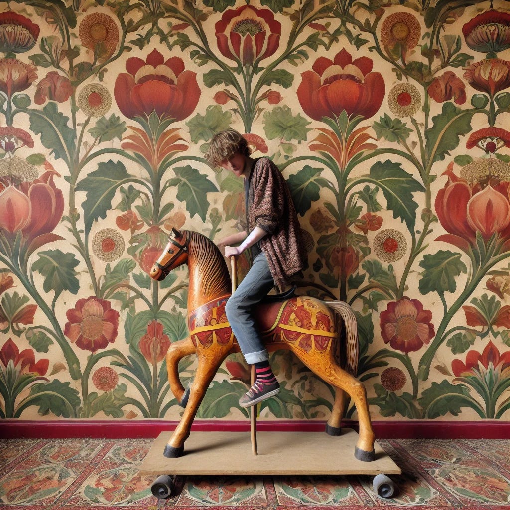 A person riding a hobby horse in front of a backdrop of intricate William Morris-style botanical wallpaper. The wallpaper features rich, floral patterns with leaves, vines, and flowers in earthy tones like greens, reds, and browns. The person is playfully enjoying the ride, with a whimsical expression, dressed in casual clothes, standing in the center, holding the wooden stick of the hobby horse, which has a simple horse head at the top. The overall scene has a fun and nostalgic atmosphere.