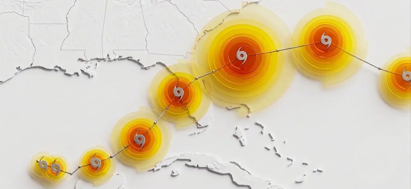 Stylized map showing a forecasted cyclone track over the southeastern United States, with concentric yellow and orange circles indicating storm path and intensity.