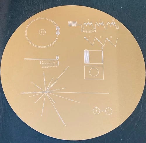 Full Size replica of NASA VOYAGER GOLDEN Record cover METAL + explanation plate - Picture 1 of 7 Full Size replica of NASA VOYAGER GOLDEN Record cover METAL + explanation plate - Picture 1 of 7