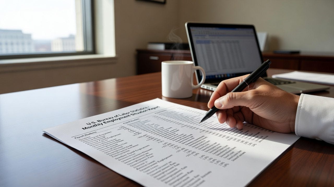 Hand holding pen reviewing U.S. Bureau of Labor Statistics Monthly Employment Situation Report