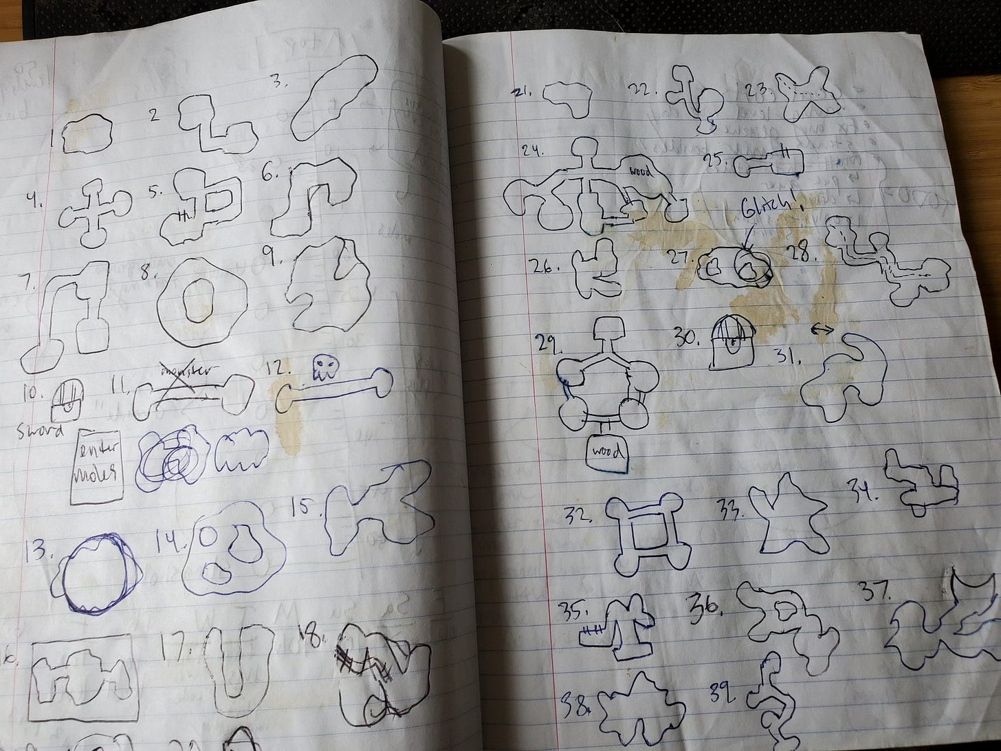 Early notebook sketches of The Mines in Stardew Valley. Clearly, the coffee stains were Rorschach ink blots that informed Barone’s level design. (from his social media feed)