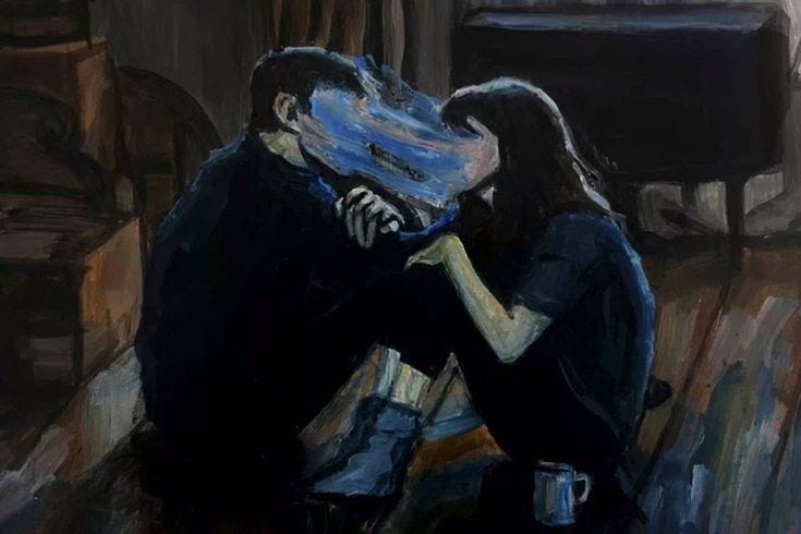 This may contain: a painting of two people sitting next to each other