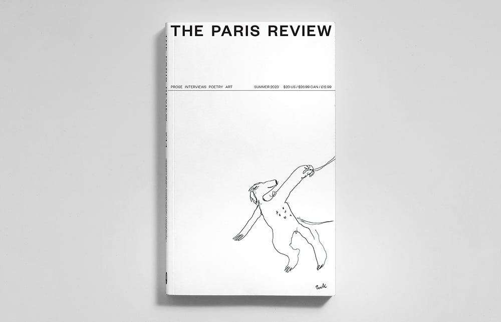 "The cover of our Summer issue, online next week and on newsstands June 13, features a drawing of a dog perched on its hind legs, midmotion—so much so that she appears to be almost sliding or dancing off the page as she reaches for a leash (or is it a length of ribbon?). The first thing I noticed about the cover—besides its chic abundance of white space, which seems to beg me to spill coffee or red wine on it—was the dog’s smile. Her eyes are closed almost beatifically, and her mouth is curved in that upside-down rainbow that anyone who has ever loved a dog will recognize. This is a cover that, appropriately for summer, will bring you joy. The canine in question is London, the guide dog of our cover artist, Emilie Louise Gossiaux. Gossiaux and I chatted on the phone about her unique relationship with London, her especially tactile drawing practice, and human-animal connection." Description by Sophie Haigney.
