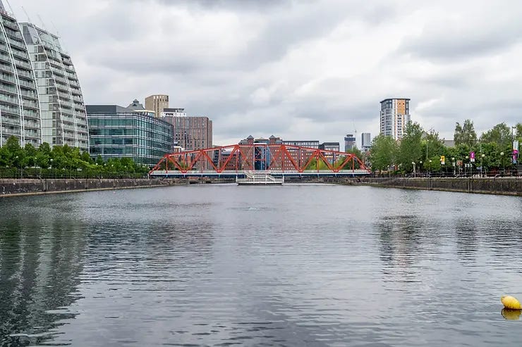 Open water at Salford Quays where people sometimes swim. Open water at Salford Quays where people sometimes swim.