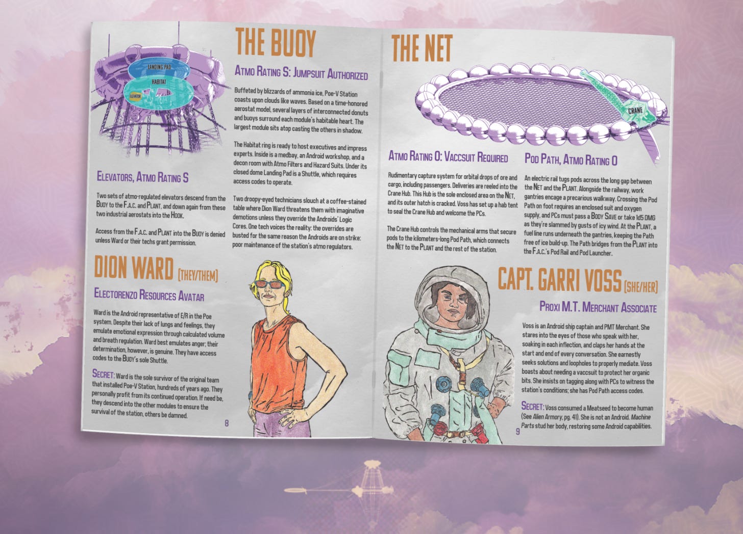 A spread from Rusted to the Core with station art by Holly Jencka and Android NPC illustrations by Chris Airiau.