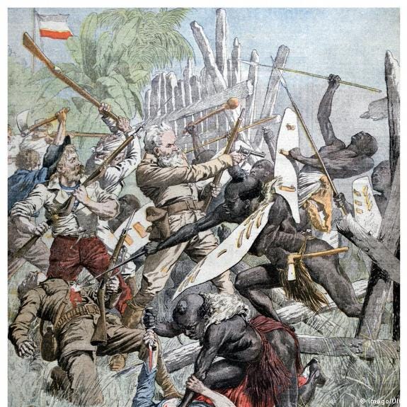 An artwork depicts a battle during the Maji Maji uprising An artwork depicts a battle during the Maji Maji uprising