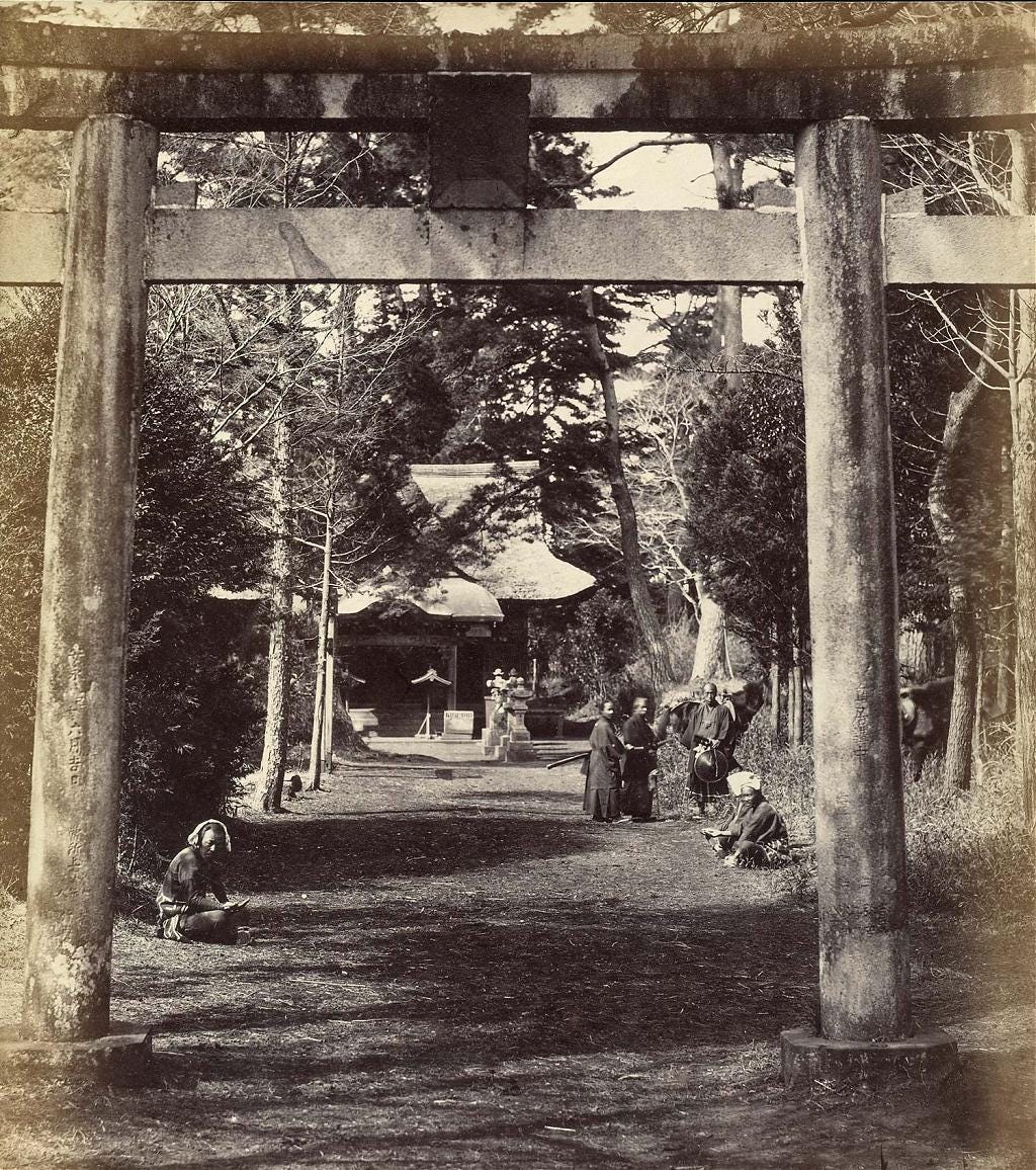 Albumen print by Felice Beato of the Kumano Jūnisō Gongen shrine in the mid 1860s Albumen print by Felice Beato of the Kumano Jūnisō Gongen shrine in the mid 1860s