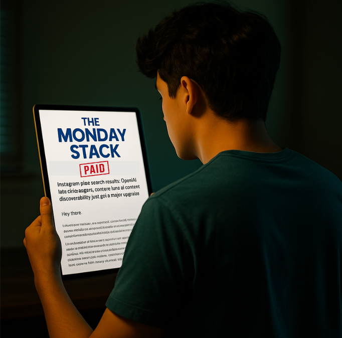 A young man is seen from behind reading a tablet that displays a newsletter titled "The Monday Stack – Powered by Blueberri Pi." He is wearing a teal shirt, and the room is dimly lit, with the screen casting a soft glow on his face and hands. The visible newsletter headline mentions Instagram search results and OpenAI agents, indicating a focus on tech and content discoverability.