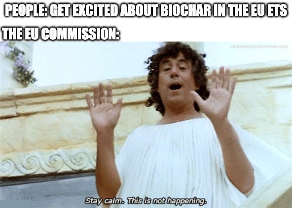 "People: get excited about biochar in the EU ETS. The EU Commission:" above a man in a white robe raising both hands, with the subtitle "Stay calm. This is not happening."