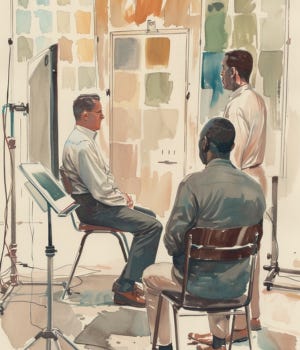 vintage watercolor illustration of a media studio where technicians adjust lighting and backdrop colors around a seated public figure during a rebranding session vintage watercolor illustration of a media studio where technicians adjust lighting and backdrop colors around a seated public figure during a rebranding session