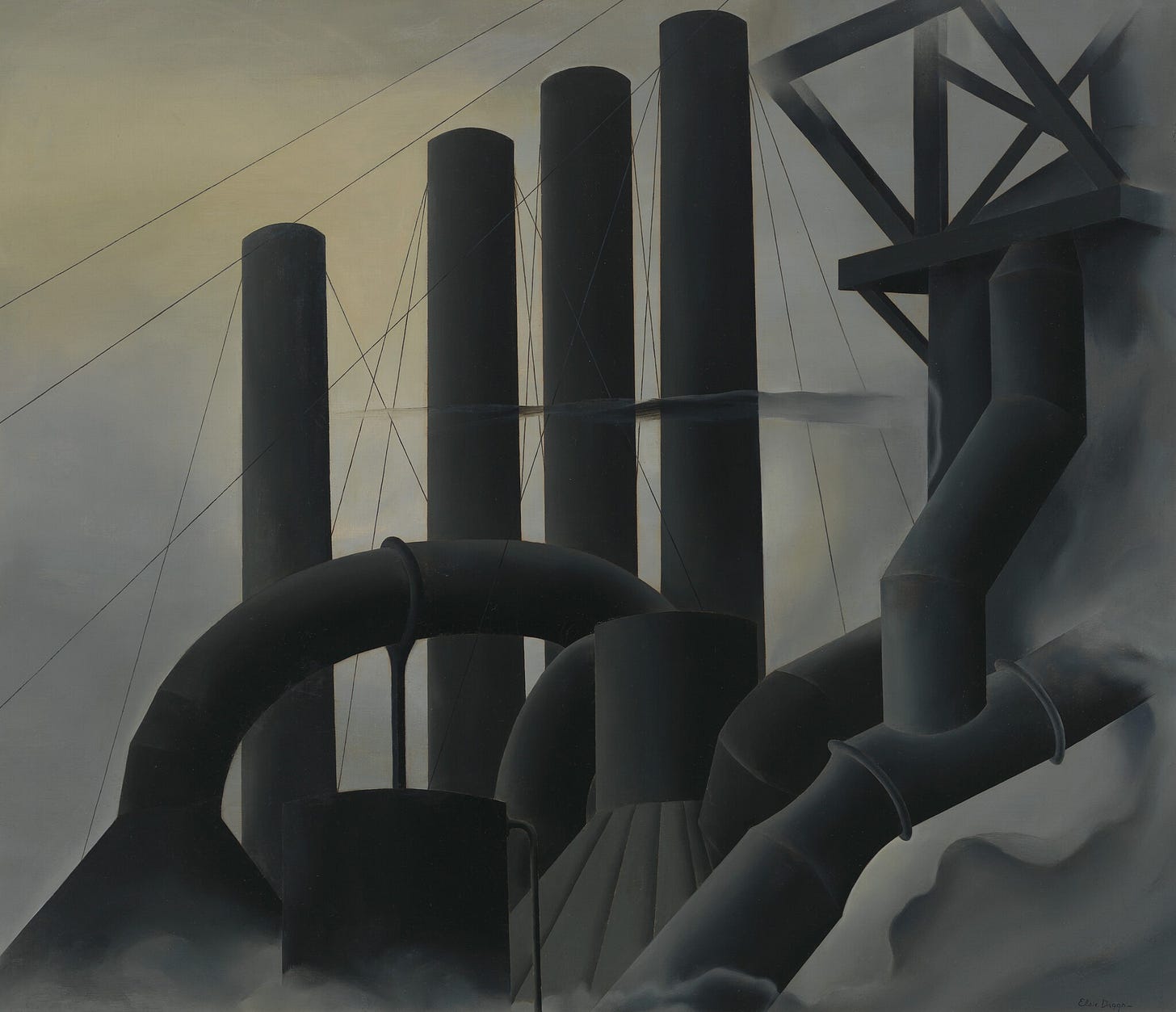 Dark smoke stacks towering against a gray sky (from the Whitney)