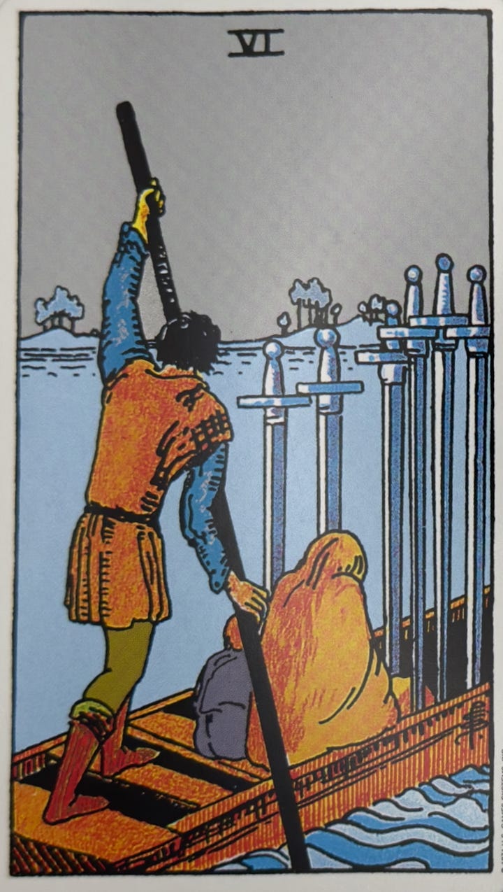 The 6 of Swords tarot card and the Star Ancestors oracle card.