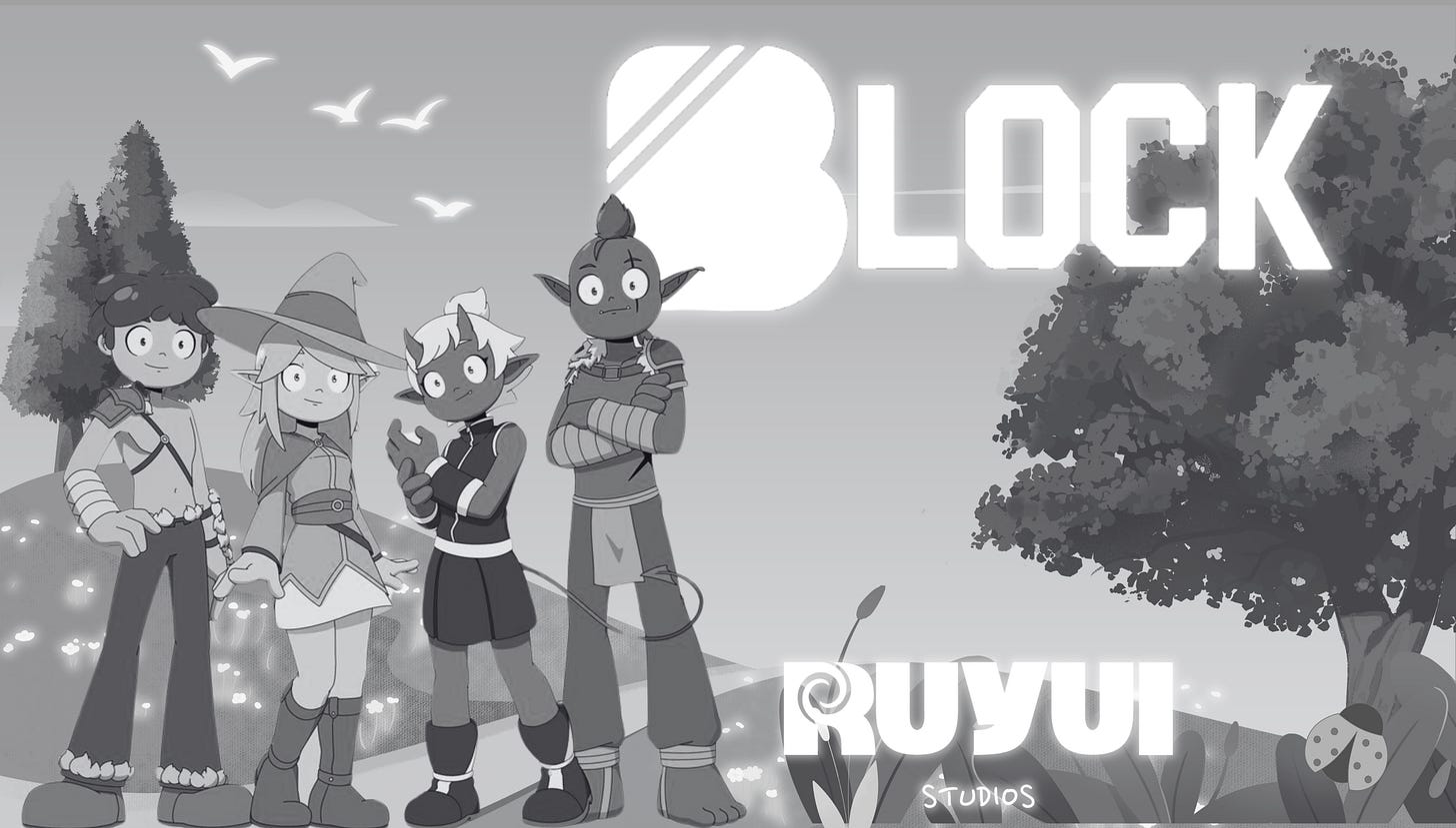 A colorful, cartoon-style fantasy landscape featuring four stylized characters standing together: a young warrior, a witch with a pointed hat, a dark elf with white hair and expressive eyes, and a tall goblin-like character with crossed arms. The background includes glowing flowers, rolling hills, birds flying across the sky, and a large tree on the right. The BLOCK logo appears prominently at the top center in a bold, glowing font, while the RUYUI Studios logo is placed at the bottom right with a playful, nature-inspired design. The image conveys a whimsical, inclusive, and story-rich aesthetic reflective of the Ruyui on-chain avatar project.