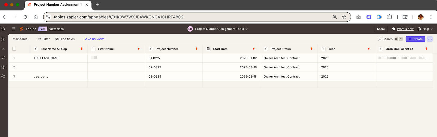 Screenshot of Zapier Tables interface showing Project Number Assignment Table with three rows of project data, displaying stable project numbers like 01-0125 and 02-0825 that correctly reflect their start dates, along with project status and metadata fields.