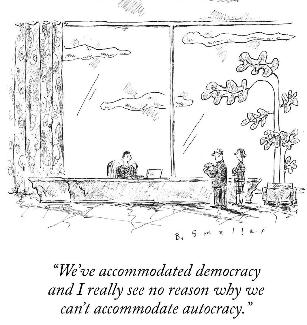 A man, sitting in an office, talks to two other people saying, “We’ve accommodated democracy and I really see no reason why we can’t accommodate autocracy.” A man, sitting in an office, talks to two other people saying, “We’ve accommodated democracy and I really see no reason why we can’t accommodate autocracy.”