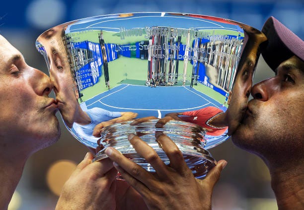 Rajeev Ram of the United States and Joe Salisbury of Great Britain celebrate their victory against Rohan Bopanna of India and Matthew Ebden of...