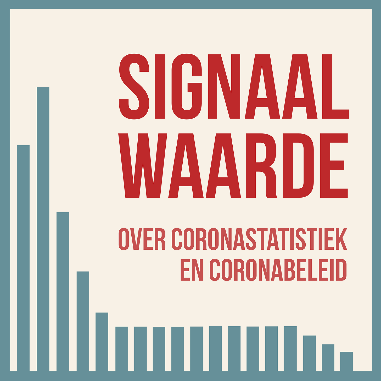 artwork van Signaalwaarde. Je ziet tegen een cremewitte achtergrond een abstracte grafiek in groenblauw. De titel Signaalwaarde over coronastatistiek en coronabeleid is in het rood.