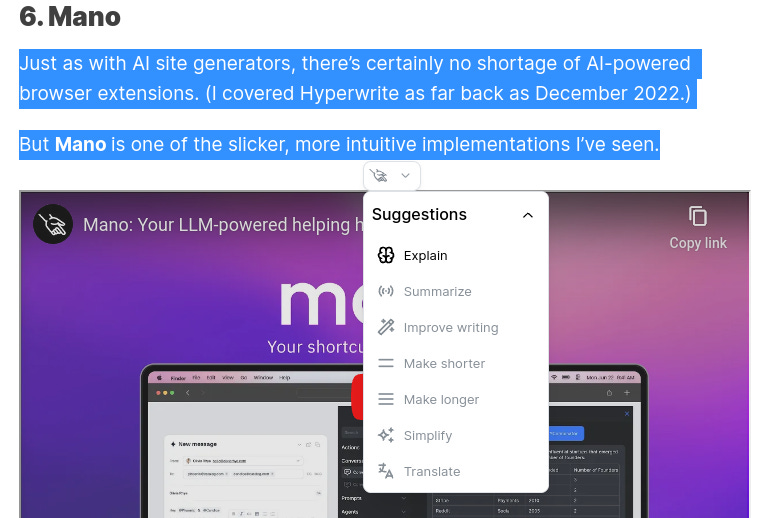 Mano pop-over suggesting text actions