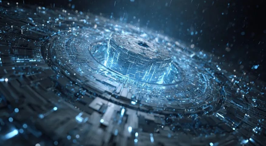 Glowing circular quantum data structure suspended in space, representing secure communications and advanced encryption.