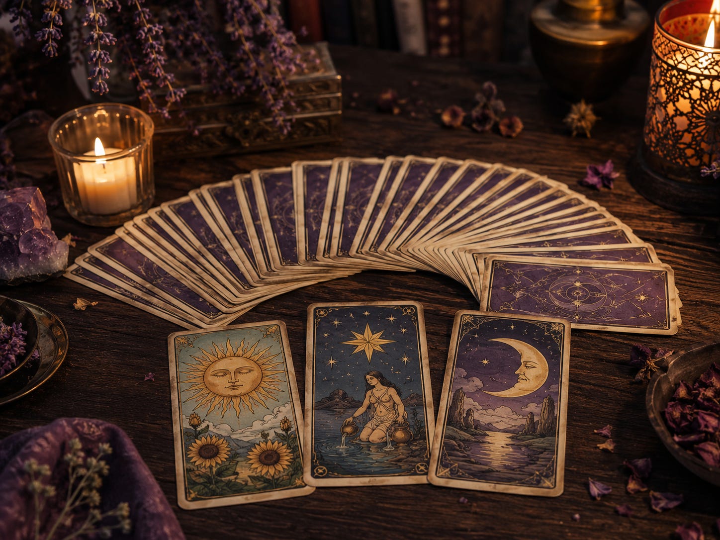 A tarot deck fanned in an arc on a wooden table with the Sun, Star, and Moon cards face-up, beside a candle, crystals, and dried lavender