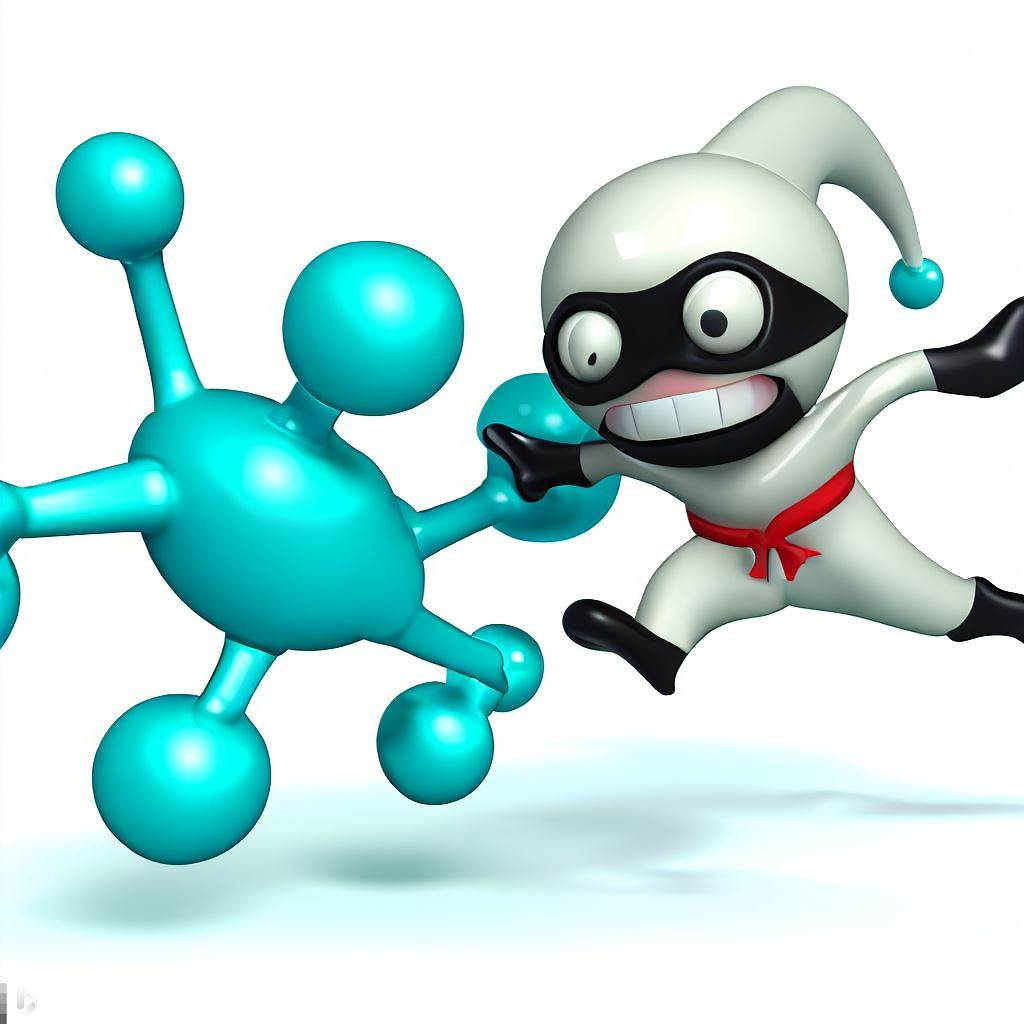 a cartoon image of a sodium-fluoride molecule fighting a ninja a cartoon image of a sodium-fluoride molecule fighting a ninja
