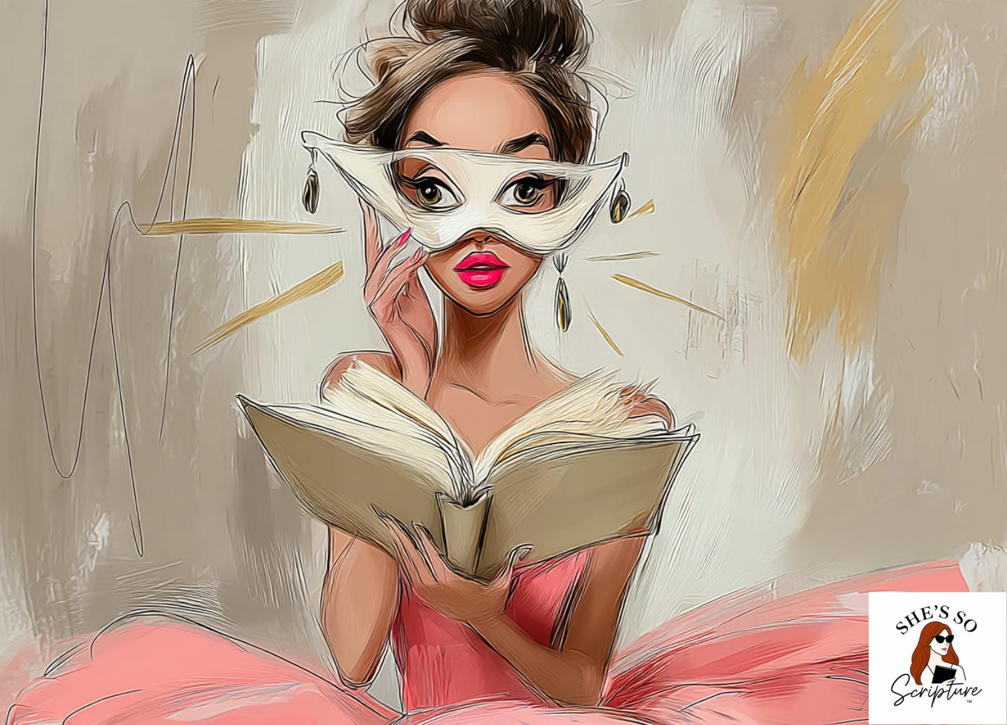 illustration of a woman holding a book that is open and removing a mask from her face