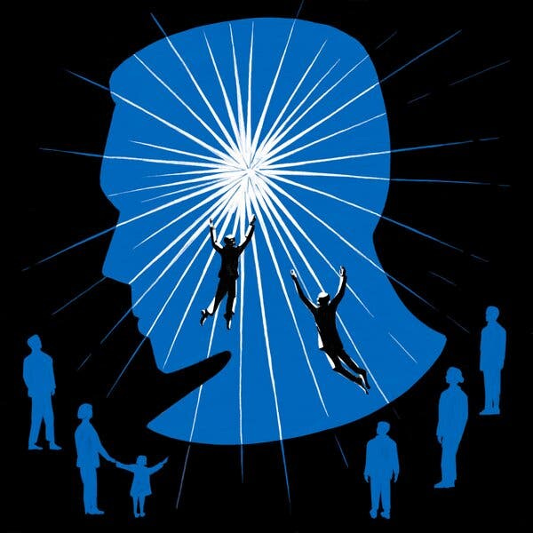 An illustration with silhouettes of a large head and several small people below it. Rays of light emanate from the head, and two people float toward it. 