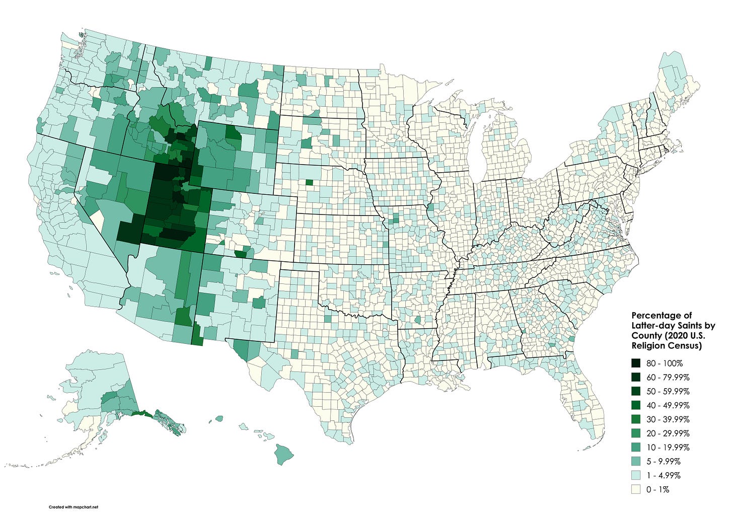 Percentage of Latter-day Saints across the United States (by county) :  r/MapPorn