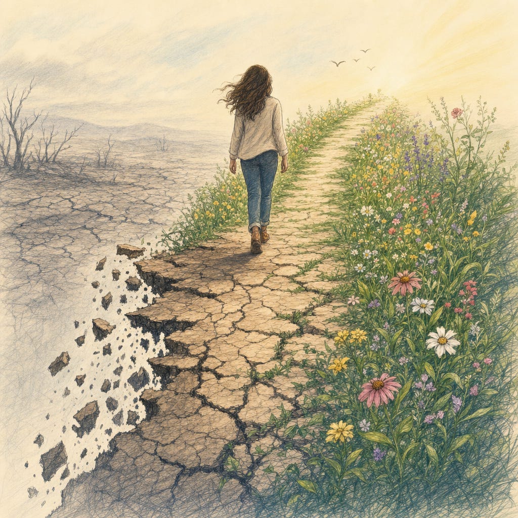 woman walking along a grey, cracking path, new, green blooms ahead