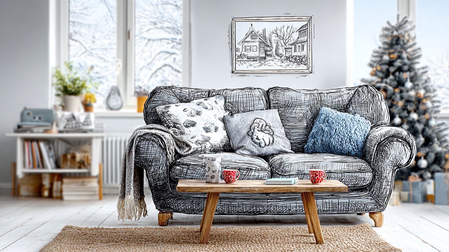  A calm, fully settled living room in winter, soft natural morning light through a window, minimal modern furniture, subtle holiday decor with a simple lit Christmas tree, no clutter, no people, warm neutral color palette, peaceful and grounded atmosphere, photorealistic interior photography style, shallow depth of field